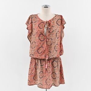PERRY WALKER Dress Size XL Smocked Tie Front Paisley Print Tunic Mini Boho Retro